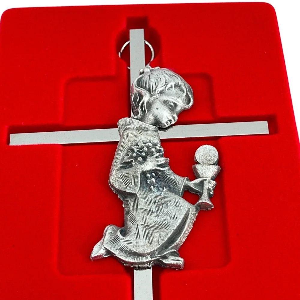 Bliss Vintage First Holy Communion Wall Cross Kneeling Boy Chalice Silver Tone - Picture 2 of 11